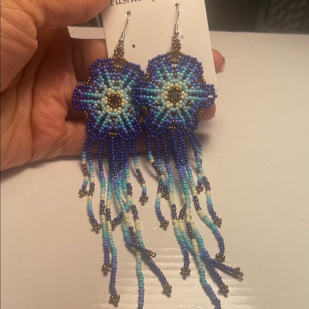 Blue Beaded Flower Dangle Earrings